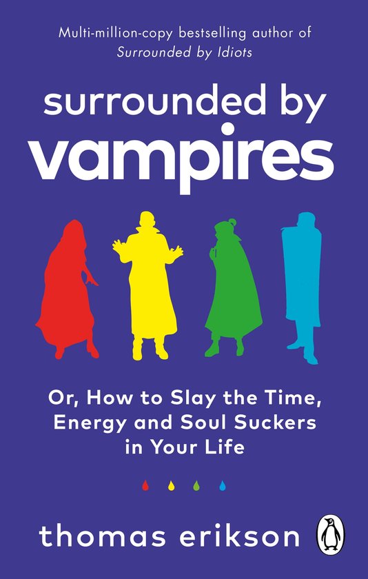 Boekomslag met vier gekleurde silhouetten van mensen op een blauwe achtergrond. Titel: 'Surrounded by Vampires'.