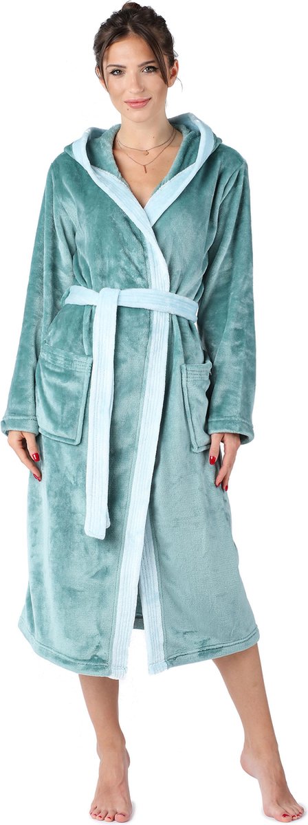 Bellivalini Dames Badjas met Capuchon - Wasmachine bestendig - Polyester - Zeegroen - XXL - BLV-BLV50-168-DG