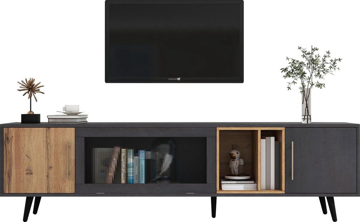 Merax Eleganter TV-Schrank, 200x40x55,5 cm, dunkles Holz, grau und Holzmaserung, für einen 90-Zoll-Fernseher geeignet Grijs