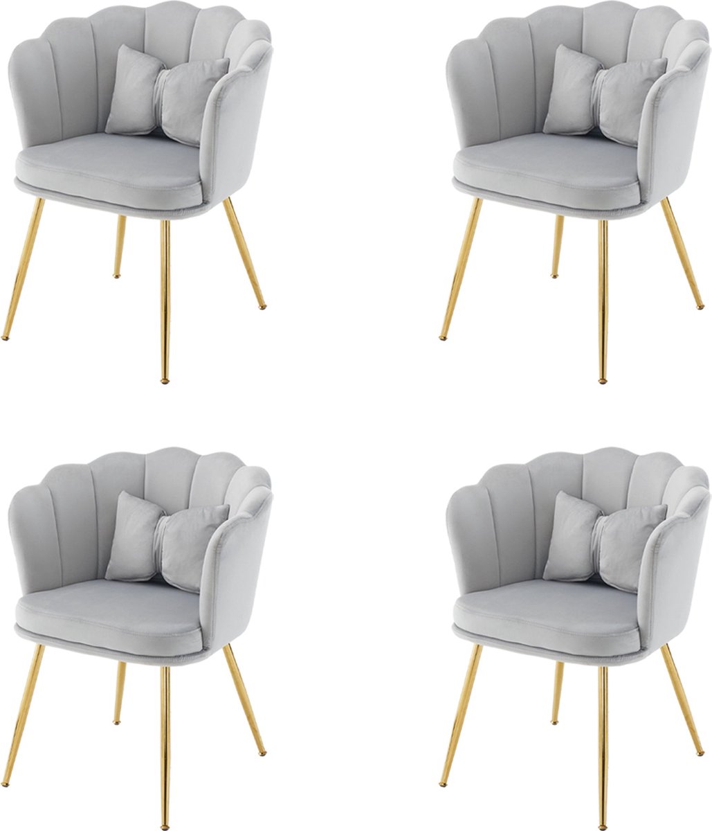 Merax Set van 4 Moderne Fluwelen Stoelen met Bladontwerp Rugleuning - Vergulde Metalen Poten en Kussens - Voor Woonkamer - Badkamer - Slaapkamer en Eetkamer - Grijs