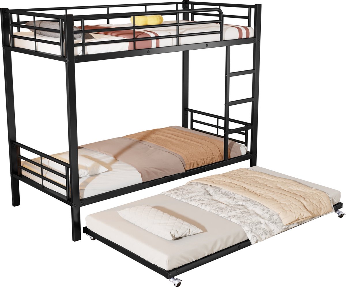 Merax Stalen Stapelbed met Uittrekbed - Geschikt voor Kinderen en Tieners - 90x200cm & 90x190cm - Zwart