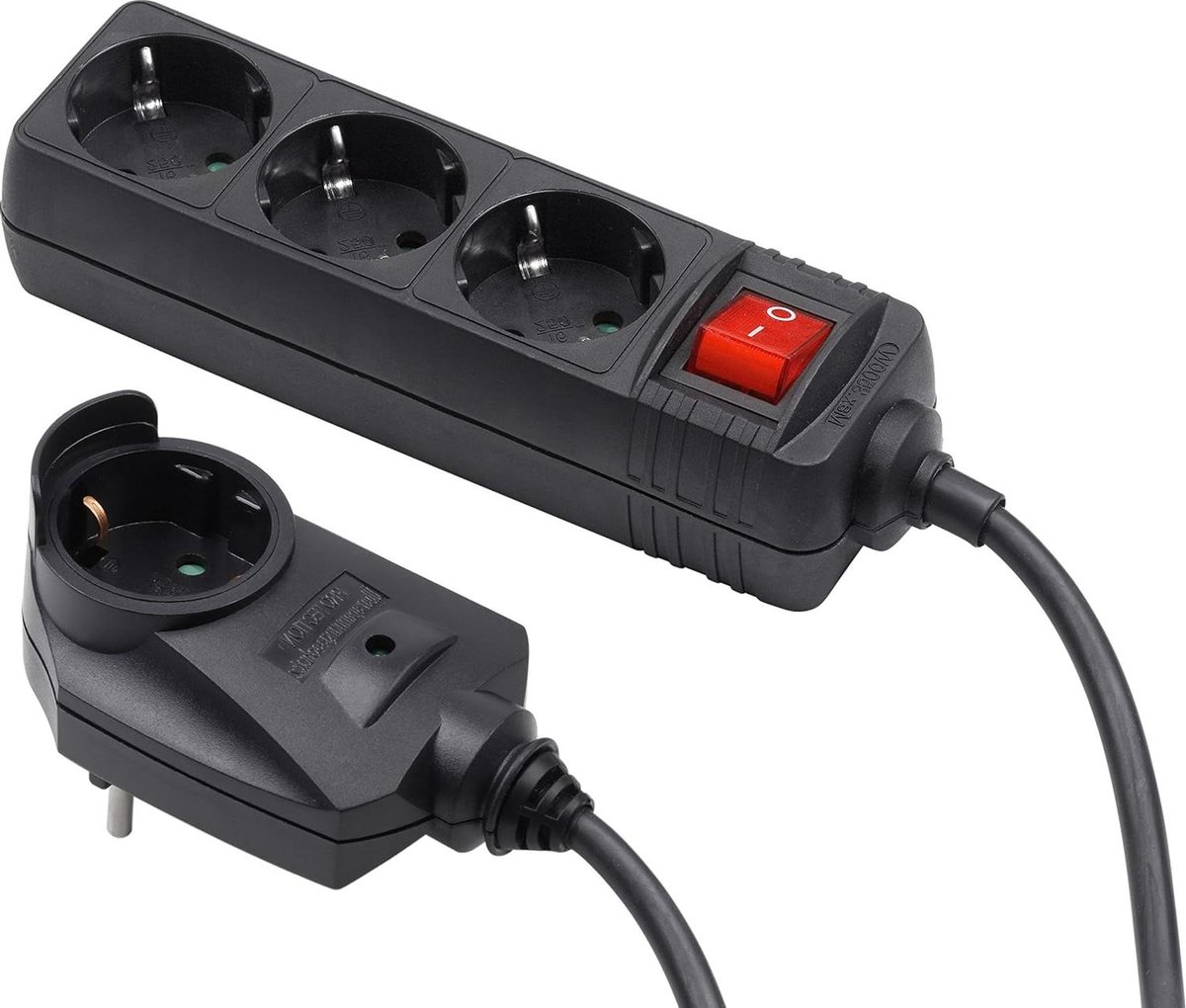 3-voudige stekkerdoos met extra stekker - 2 meter kabel - zwart - IP20 binnen - schakelaar-powersplitter-stekkerdoos - overspanningsbeveiliging - meervoudige contactdoos - Tido 3-voudig surge protector