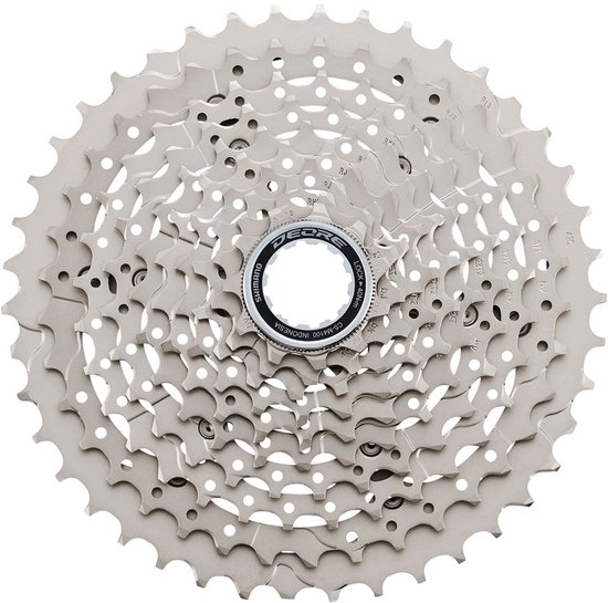 Zilverkleurige 10-speed Shimano Deore cassette, type CS-M4100.