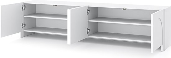 Wit tv-meubel met vier openstaande deuren, die toegang geven tot de planken.