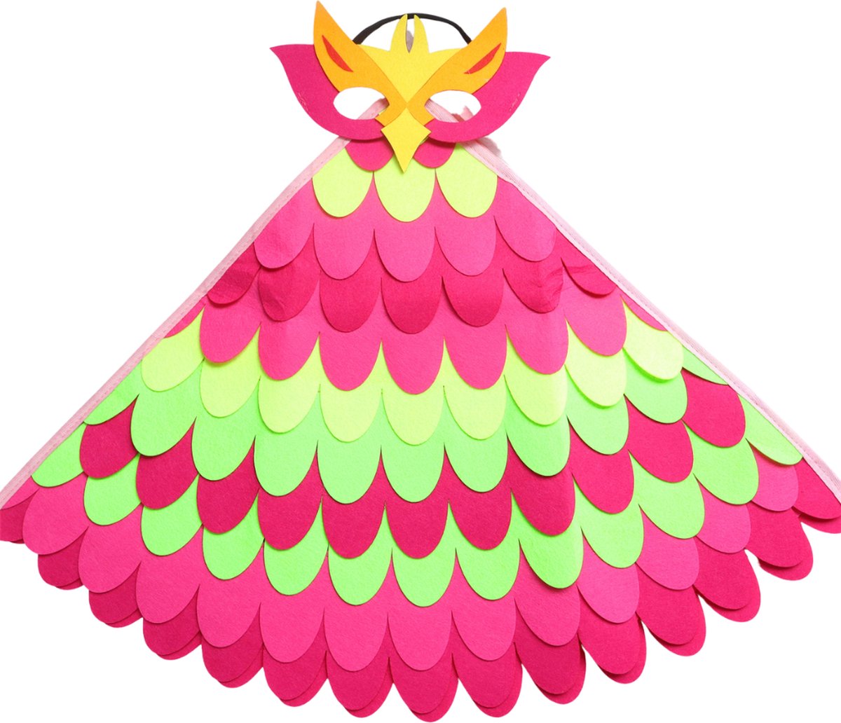 Joya Kids® Vogel Verkleedcape en Masker Fluo Roze en Geel | Cape met Masker van Vilt | Vilten Verkleedset | Verkleden Paradijsvogel | Meisje en Jongen Verkleedkleding | Cape Set | Carnaval en Halloween Outfit Kinderen — afbeelding 6