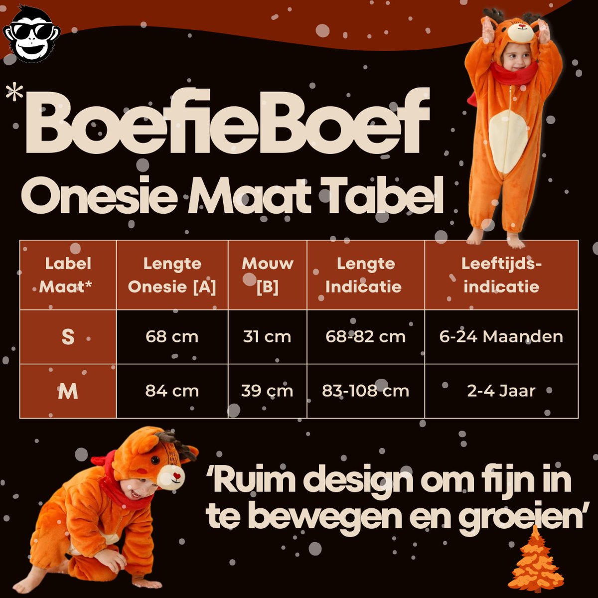 BoefieBoef Dieren Kleuter Onesie Peuter Pyjama Kinderen – Verkleedkleding met Luierrits – Carnaval Dierenpak - Kerst en Kraamcadeau - Zacht Flanel - Baby Kerst - Boxpak - Jongen - Meisje - Kruippak - Winterpak - Hert - rendier - bruin — afbeelding 2