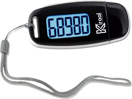 Kiraal Eenvoudige Stappenteller - 3D Technologie - Clip & Draagkoord - USB Opladen - Groot Scherm - Pedometer - Zwart