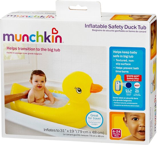 Verpakking van een geel opblaasbaar badeendje badje met baby's erop. 'Helps transition to the big tub'
