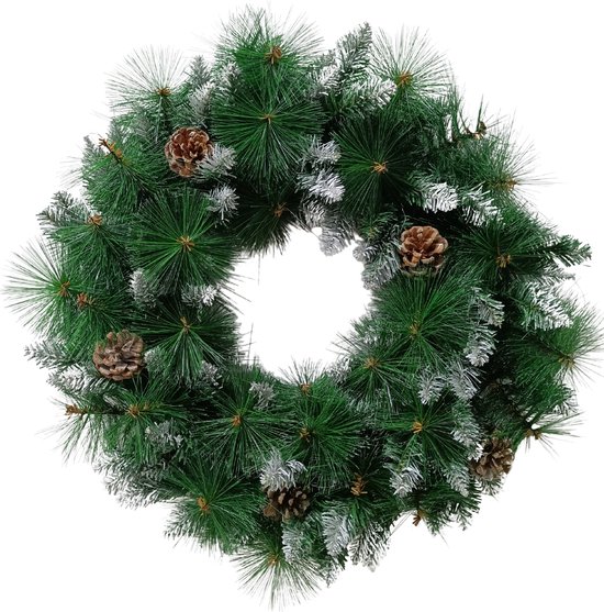 Foto: Buxibo pvc kerstkrans met dennenboomnaalden dennenappels en sneeuw groen 130 takken 60cm