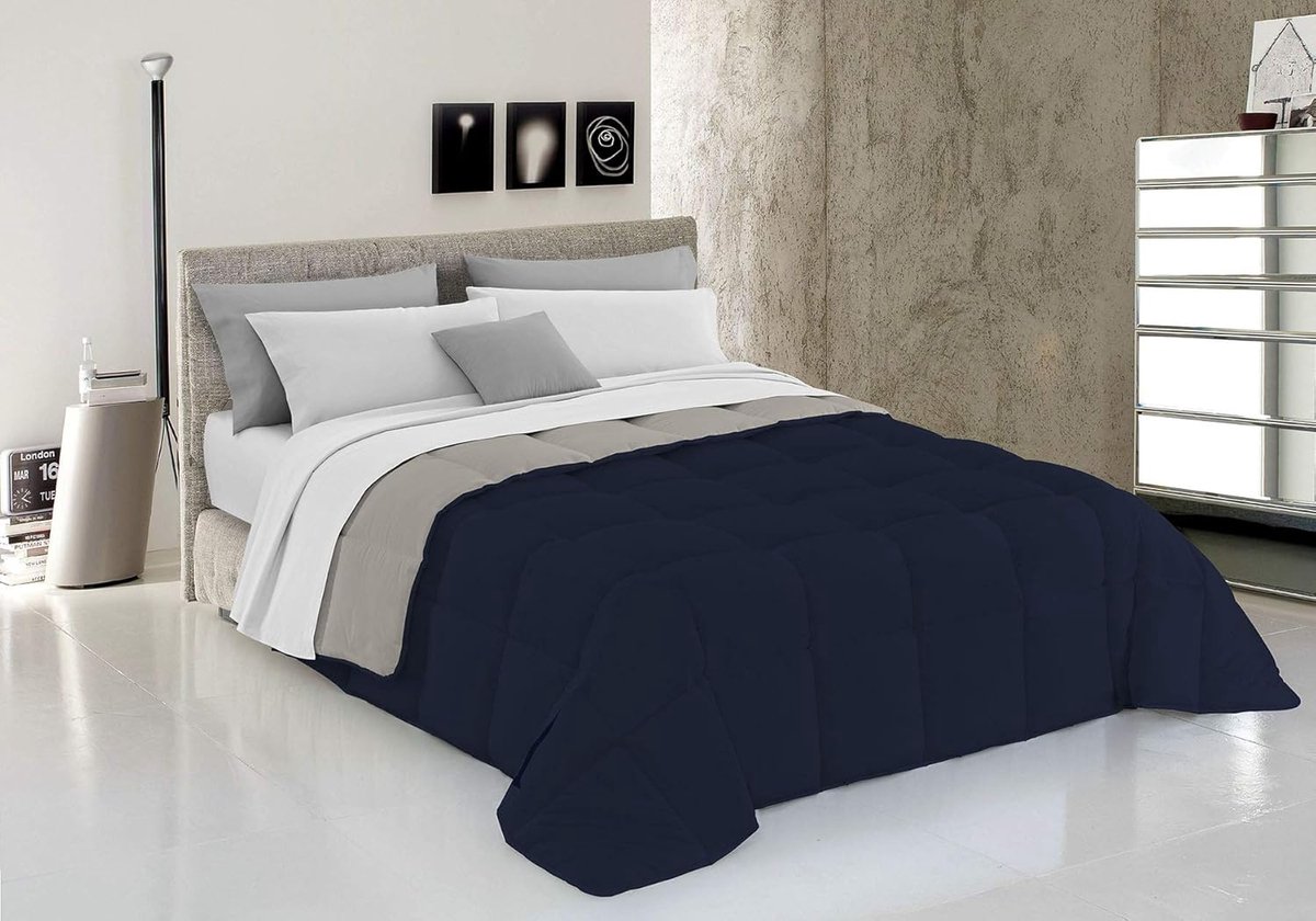 Luvetrex ® Chique Italiaanse Winterdeken van Microvezel, Dubbelzijdig, Donkerblauw/Lichtgrijs, 260x260cm
