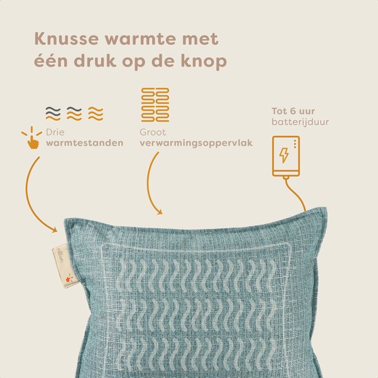 Lichtblauw kussen met textuur. Drie warmtestanden, groot verwarmingsoppervlak, tot 6 uur batterijduur.
