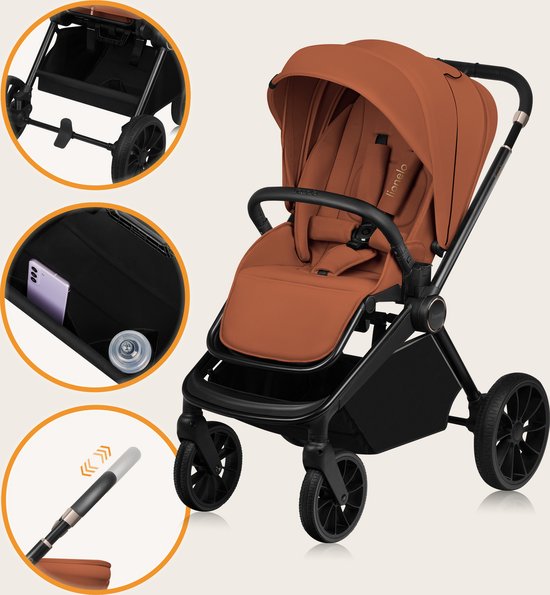 Roestbruine kinderwagen met zitje, details van de opbergruimte en de verstelbare handgreep.