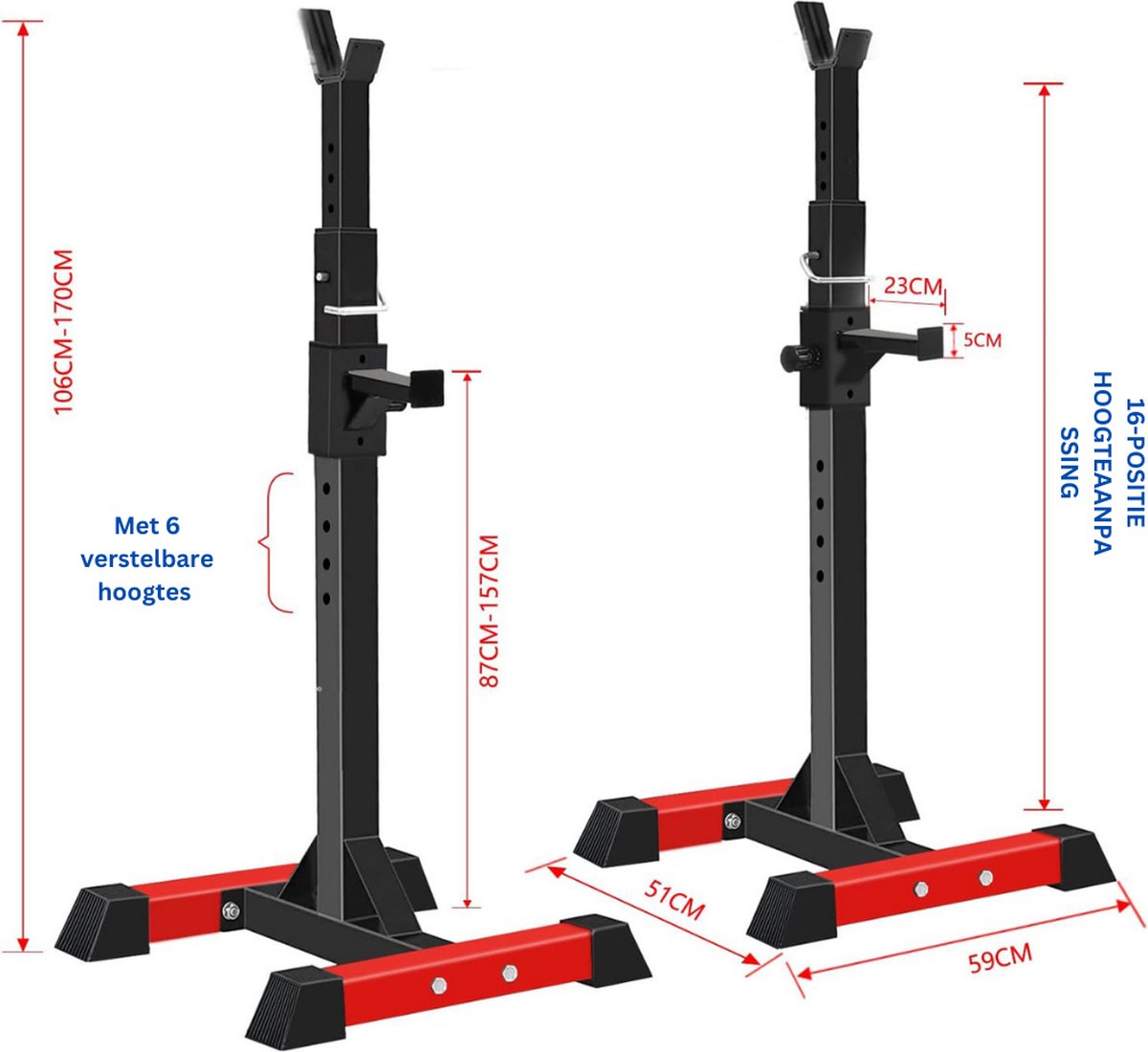 Squat Rack - Power Rack - Haltersteunen - Squat - Halterstandaard - Power Rack Krachtstation - Squatrek - Krachtstations - Bench Press - Home Gym - Home Gym Krachtstation - 6 Verstelbare Hoogtes - Antislip Voetsteunen - Beginners & Gevorderden thumbnail 6