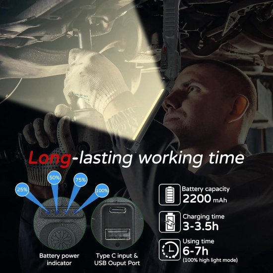 48 LED-werklamp 360 Graden Haak USB Oplaadbare Opvouwbare Zaklamp Inspectielamp 1000lm Magnetische Basis Draagbare Lamp voor Autoreparatie Outdoor Camping