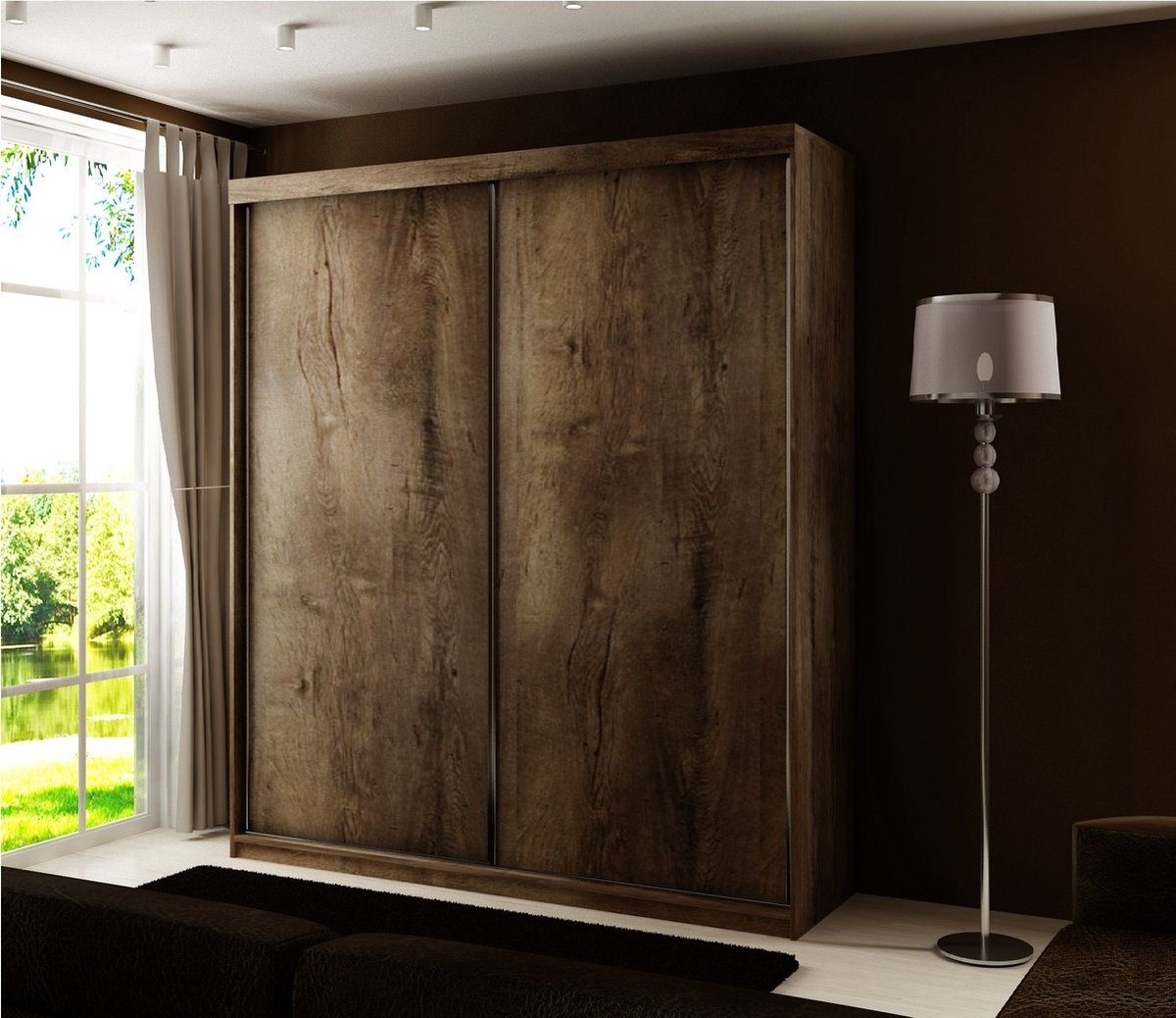Kledingkast-Opbergkast-Spiegel-Kledingkasten Slaapkamer-Kleding Kast-Roedestang-Legplanken-Schuifdeurkast-Amo donker eiken Eiken 150 cm