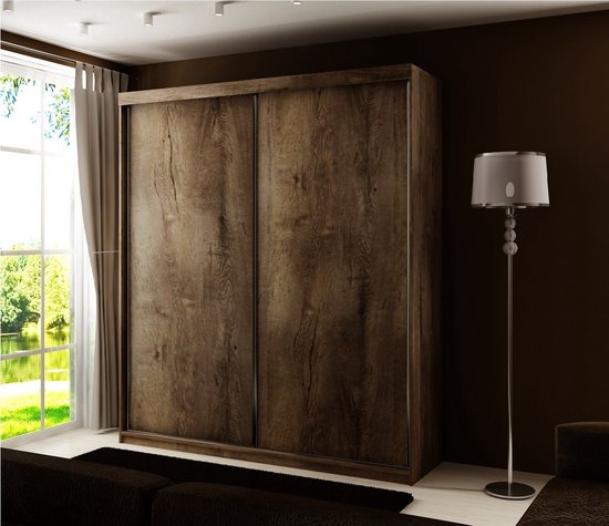 Kledingkast-Opbergkast-Spiegel-Kledingkasten Slaapkamer-Kleding Kast-Roedestang-Legplanken-Schuifdeurkast-Amo donker eiken Eiken 150 cm