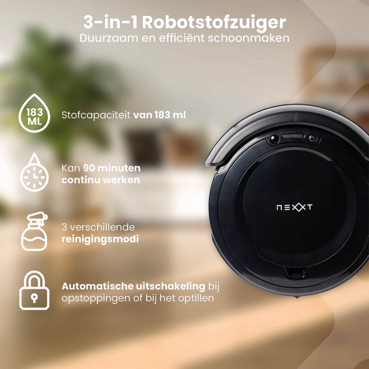 Afbeelding 2 van Nexxt 3-in-1 Robotstofzuiger met Laadstation – Robotstofzuiger Huisdieren – Antivalsensor en 3 Reinigingsmodi – Inclusief Adapter en Borstel – 17W