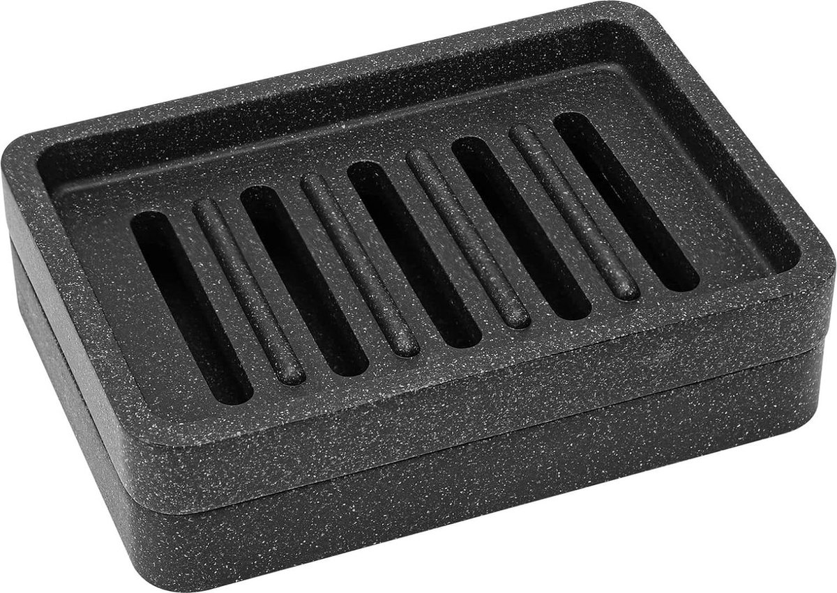 Goedkoopste Self-Draining Resin Soap Dish Tray with Drainable Board - Soap Saver for Bathroom Kitchen Shower - Dual Layer Soap Sponge Holder - Bathtub Sink Counter-top - Gravel Black