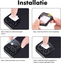 Installatiegids voor cameralensbeschermer met vier stappen: reinigen, uitpakken, plaatsen, reinigen.
