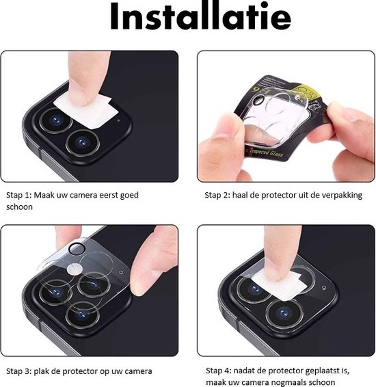 Installatiegids voor cameralensbeschermer met vier stappen: reinigen, uitpakken, plaatsen, reinigen.
