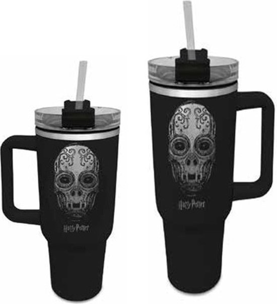 Zwarte reismok met Harry Potter 'Dark Arts' schedel design en rietje.