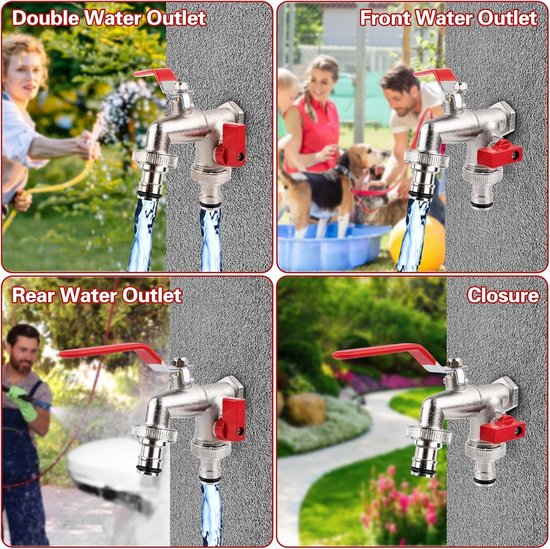 Universele Dubbele Buitenkraan 1/2 Inch Van Messing – Roest- En Vorstbestendig, Met 2 Slangaansluitingen En Afdichtband, Voor Tuin, Wasmachine En Keuken