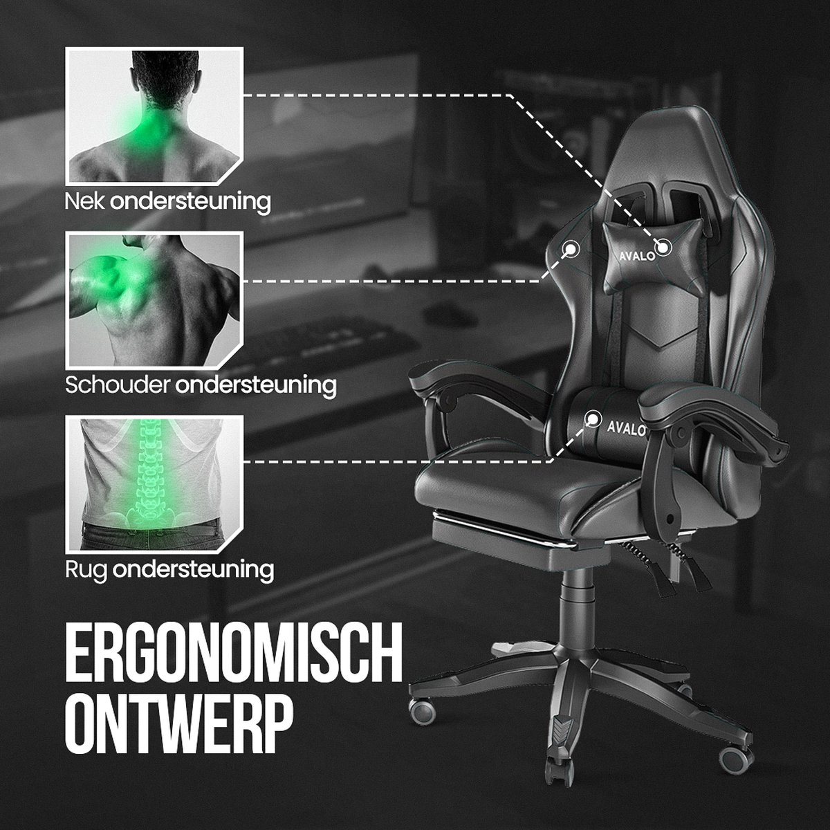 Avalo Gaming Stoel - Gamestoel Ergonomisch Verstelbaar - Bureaustoel - Gaming Chair voor Bureau - Zwart – foto 8