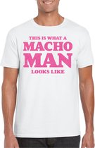 Bellatio Decorations Foute party t-shirt voor heren - macho man - wit - glitter roze - themafeest S