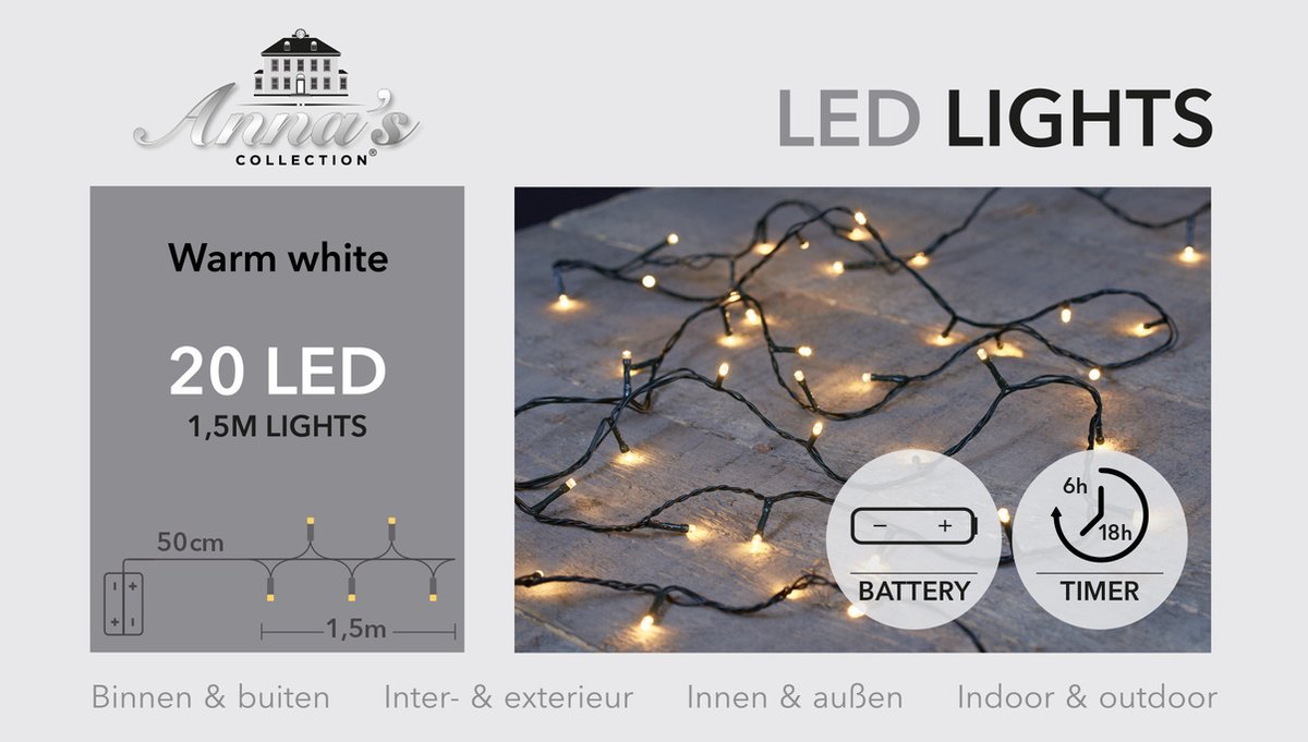 Anna's Collection Kerstverlichting - warm wit -150 cm - 20 leds - zwart snoer - batterij