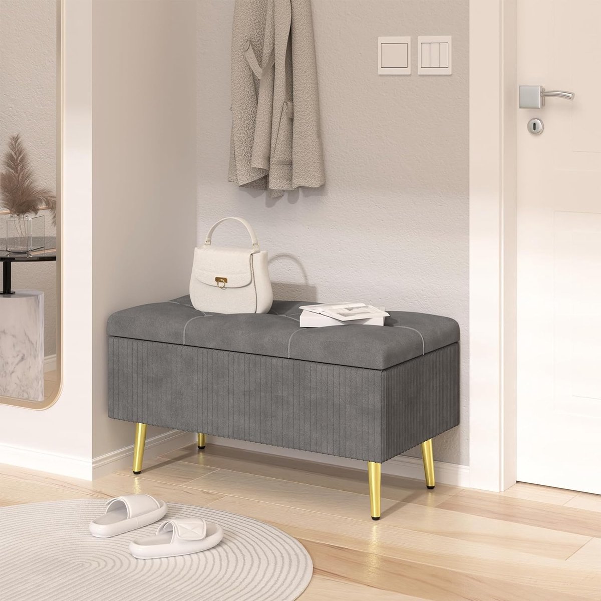 Goodivery ® Velvet Beklede Bank met Opbergruimte en Klassiek Design, 80 x 40 cm, Donkergrijs