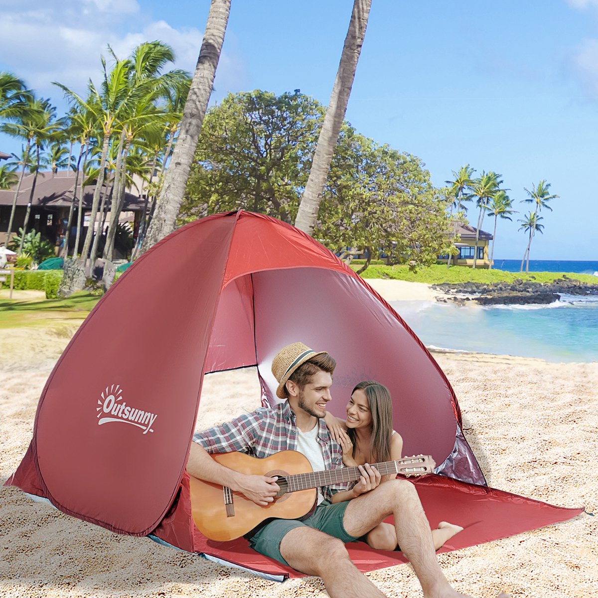 Outsunny Tente de Plage, abri Solaire de Camping, bâche Type tarp avec 2 poteaux, auvent d'ombrage extérieur - dim. 215L x 200l x 200H cm