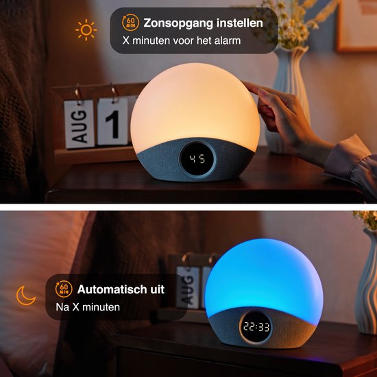Bovenste helft: zonsopgang instellen met oranje licht. Onderste helft: automatisch uitschakelen met blauw licht.