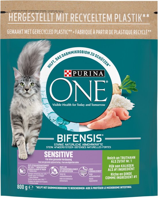 Purina One verpakking met een grijze kat, 'BIFENSIS SENSITIVE', 'Rijk aan kalkoen als #1 ingrediënt', 800g.