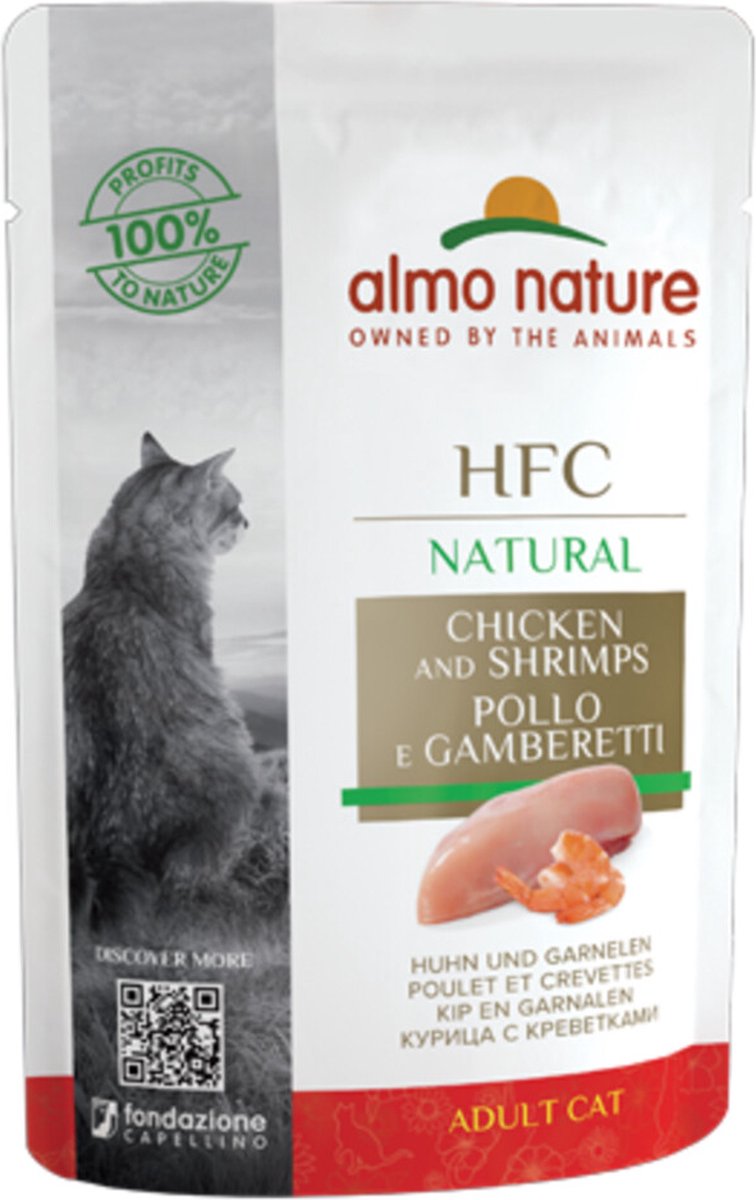 48x Almo Nature HFC Natural Kattenvoer Nat Maaltijdzakje Kip & Garnaal 55 gr