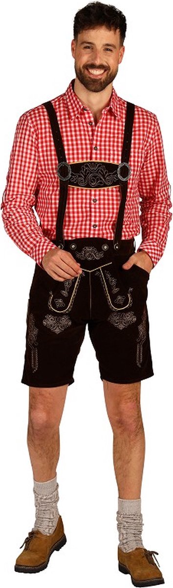 Oktoberfest Lederhosen - Jonas - Velvet - Kort Model Donkerbruin - Maat 56 - XXL