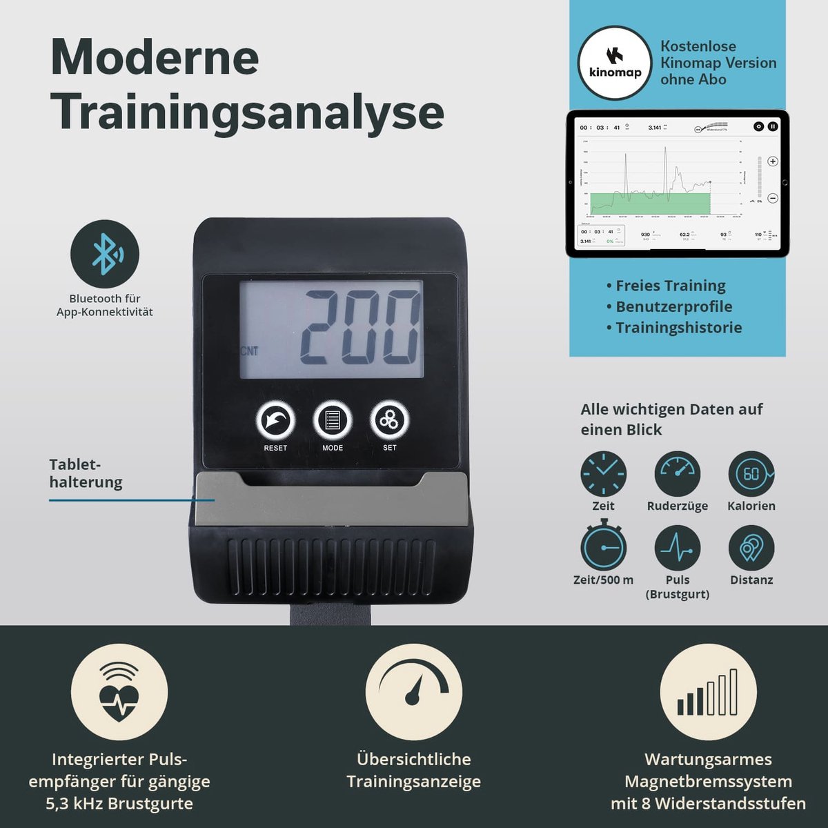 Afbeelding 2 van Skandika Venn Roeimachine – Roeitrainers - Home roeiapparaat fitness - Tablet houder, roeier met multifunctionele computer, 8 weerstandsniveaus instelbaar, onderhoudsarm - Fitnessapparaten - grijs