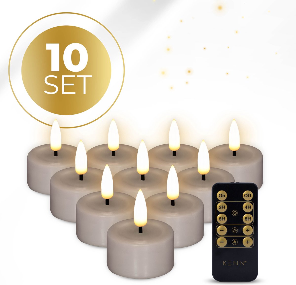KENN® LED Waxinelichtjes – Set van 10 – Taupe – Echte Wax – Met Afstandsbediening & Timer – Tot 300 Branduren – Inclusief Batterijen – LED Theelichtjes – Kaarsen op Batterij – Realistisch Flikkerende Vlam - Nep Waxinelichtjes