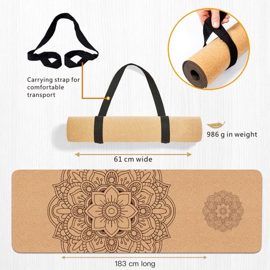 Yogamat, kurk, antislip, uniek design, extra dik, natuurlijke kurk, TPE-fitnessmat met draagtas en riem, voor thuis, pilates, aerobics sportschool en workout van Yogamat — afbeelding 4