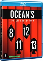 Blu-ray hoes Ocean's 4-Film Collection, met rood gestreepte achtergrond, kaartsymbolen 8, 11, 12, 13 en de tekst 'OCEAN'S 4-FILM COLLECTION'.