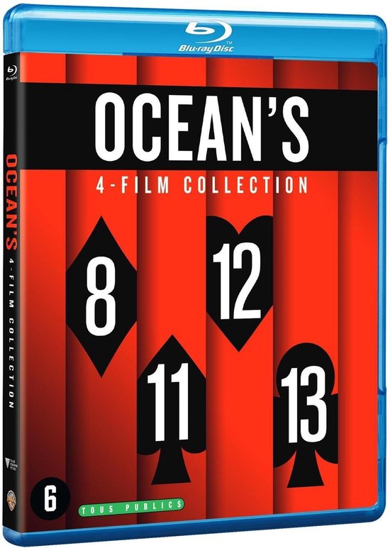 Blu-ray hoes Ocean's 4-Film Collection, met rood gestreepte achtergrond, kaartsymbolen 8, 11, 12, 13 en de tekst 'OCEAN'S 4-FILM COLLECTION'.