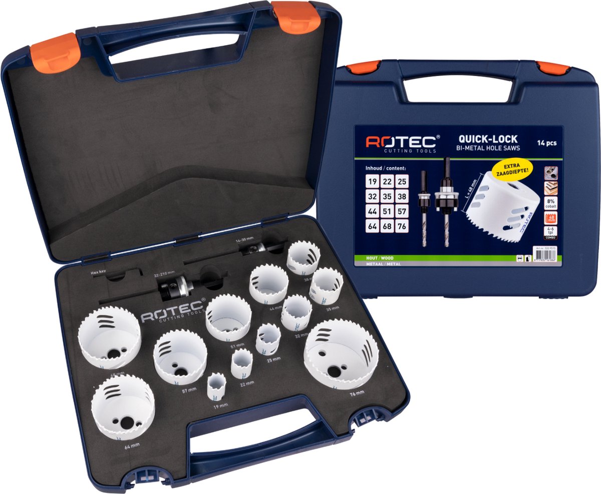 Rotec 14-dlg. Gatzagenset type '533 - Allround' met Quick-Lock (1x ø19, 22, 25, 32, 35, 38, 44, 51, 57, 64, 68 en 76mm)