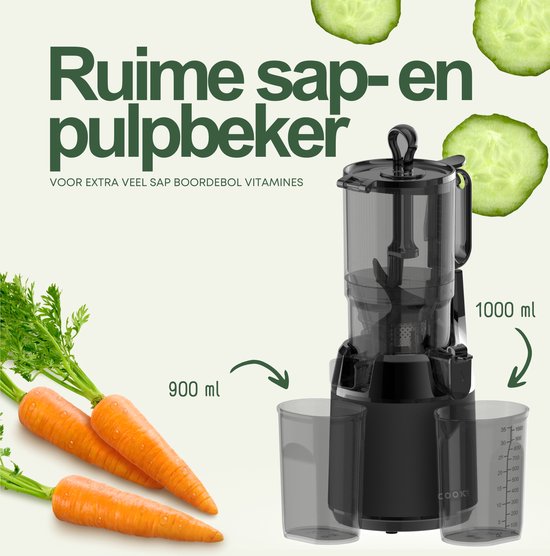 Une centrifugeuse lente noire avec deux gobelets gradués : un de 900 ml et un de 1000 ml. Des carottes et des tranches de concombre sont illustrées.