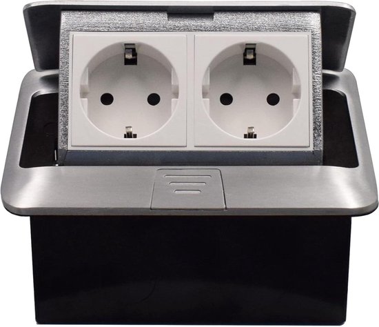 Prellen Vloerstopcontact, 2-voudig, tafelstopcontact met 2 USB-poorten, wandcontactdoos, inbouwstopcontact, intrekbaar stopcontact, vloertafel, werkblad, restaurant, keuken, goud