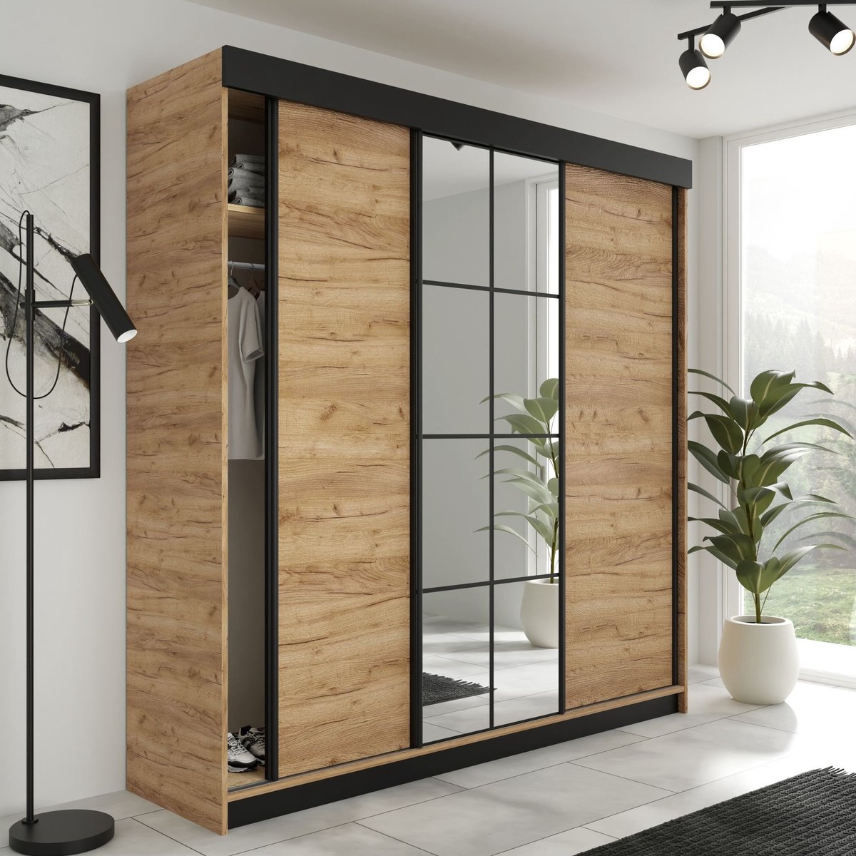 Kledingkast-Opbergkast-Spiegel-Kledingkasten Slaapkamer-Kleding Kast-Roedestang-Legplanken-Schuifdeurkast-Lamaro 200 cm Eiken Zwart