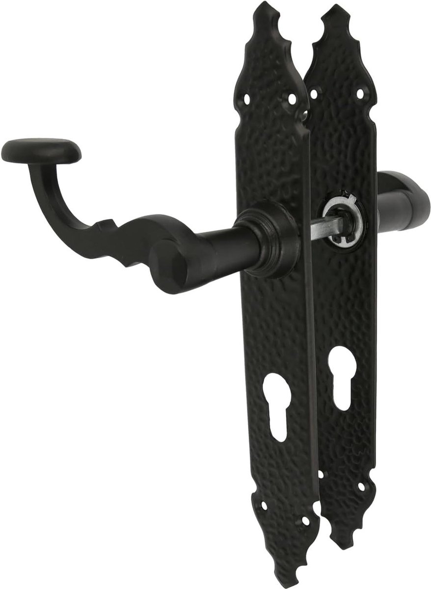 Deurklinkset 280x44 mm - Zamakgreep met stalen plaat - Zwarte afwerking - Incl. sleutelgat europrofiel - Vierkant 8 mm - Handgesmede rustieke stijl