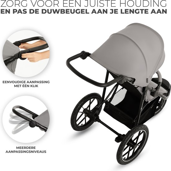 Grijze kinderwagen met verstelbare duwbeugel. Inzet toont hoe de duwbeugel met één klik wordt aangepast. Tekst: Zorg voor een juiste houding en pas de duwbeugel aan je lengte aan. Eenvoudige aanpassing met één klik. Meerdere aanpassingsniveaus.
