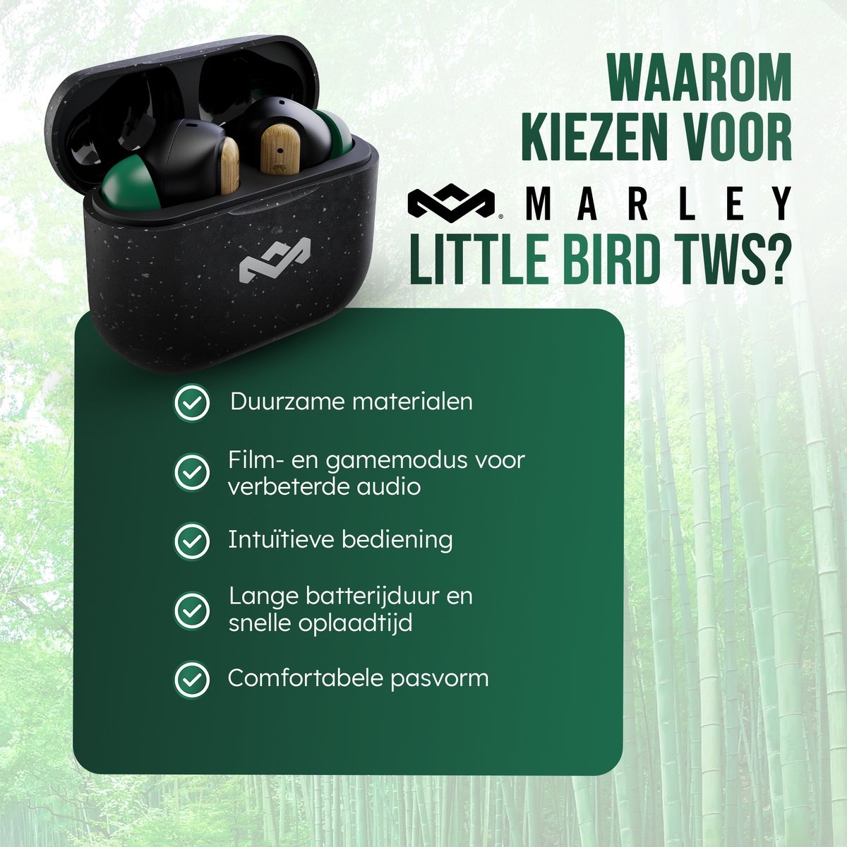 House of Marley Little Bird Oortjes Draadloos - 24 uur Batterijduur - Draadloze Oordopjes - Bluetooth - Eco Friendly Design - Quickcharge - Touchbediening - Zwart – foto 4