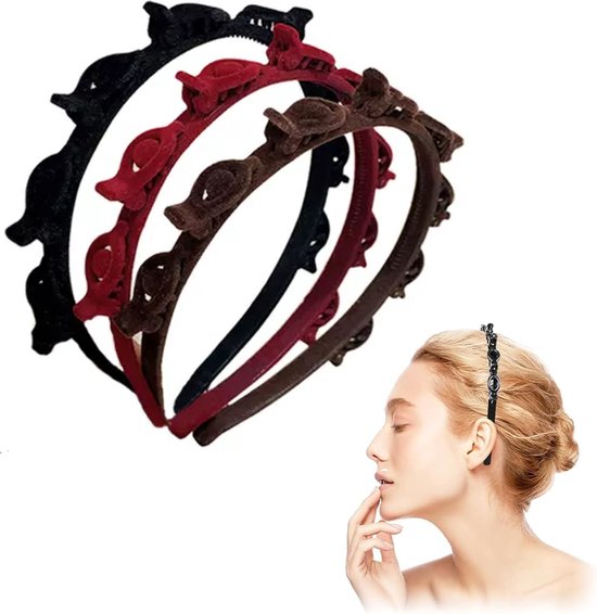 3 Stuks Haarband Met Klemme - Diadeem - Dubbellaags Twist Vlecht Hoofdband/Haarband/Diadeem Met Clips - Diadeem Met Haarspeld - Haar Accessoires - Elegante Hoofdband Voor Vrouwen En Meisjes - Zwart / Bruin / Rood - Gevlochten Haarclip - Duurzaam