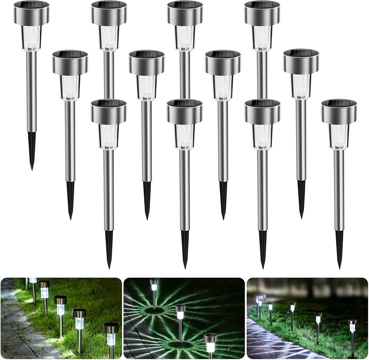 Tuinverlichting op Zonne-energie - Solarverlichting led-solarlamp van roestvrij staal - 12 stuks - waterdichte buitenverlichting - energiebesparende padverlichting - buiten terras gazon tuin achtertuin - wit