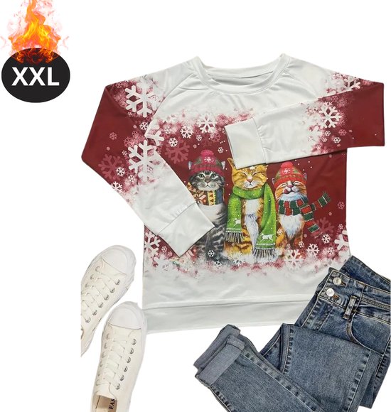 Nivard Kersttrui - Dames - Foute Kersttrui - Christmas Sweater - Kattenprint - Kerst Sweater - Christmas Jumper - Pyjama - Rood - XXL